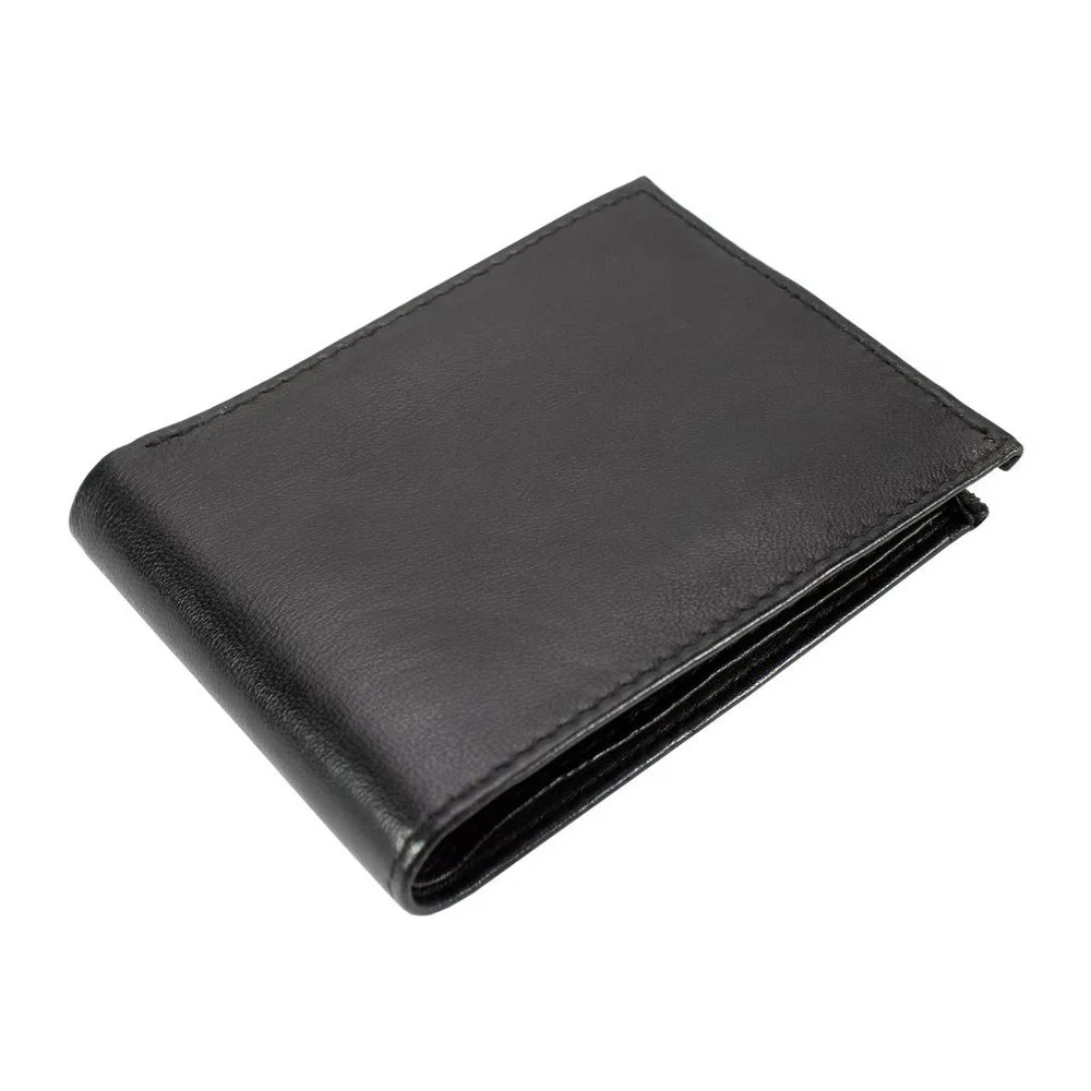 Men Lambskin Leather Wallet with Bifold 2 Center Flap, Black
